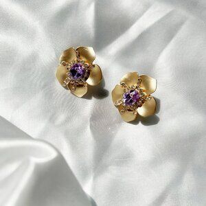 Gold Flower Stud Earrings with Purple stones Elegant Floral Statement Jewelry